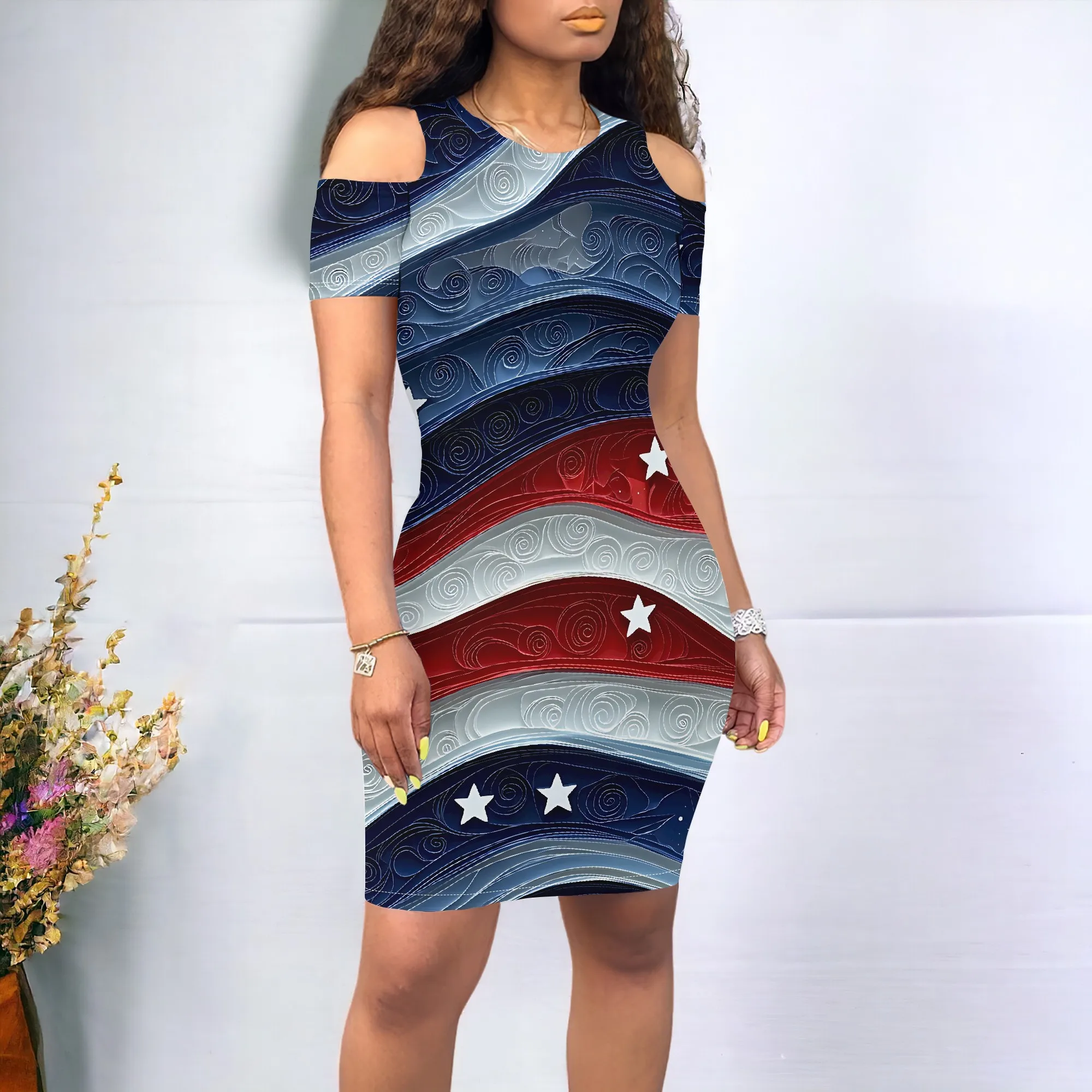 

Patriotic Women's Summer Dress Star Stripe Print Cold Shoulder Bodycon Mini Dress for Vacation Holiday Party S-3XL