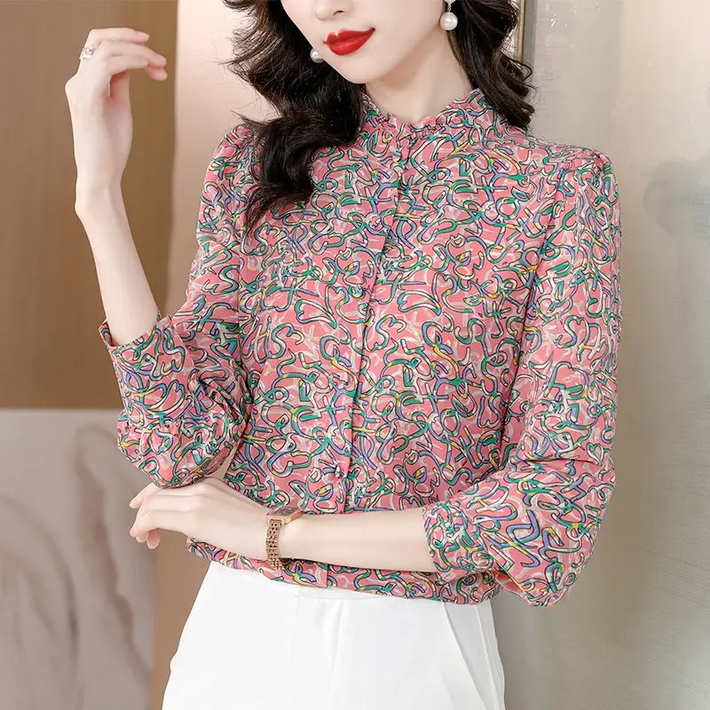 Fashion Elegant Printing Single-breasted Blouse Women New Classic Long Sleeve Office Stand Collar Korean All-match Shirt