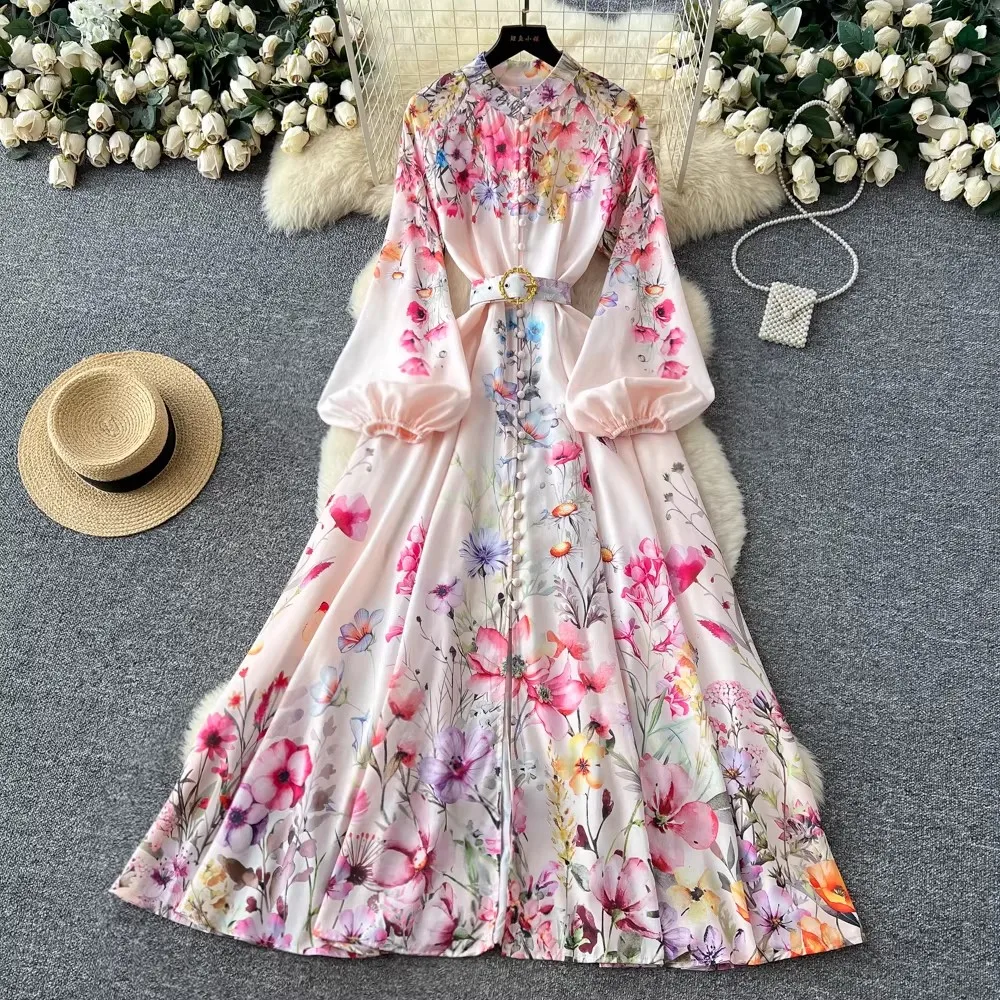 

Women Casual Dresses Long Sleeve Stand Collar Floral Print Lantern Sleeve Single Breasted Maxi vestidos de fiesta elegantes