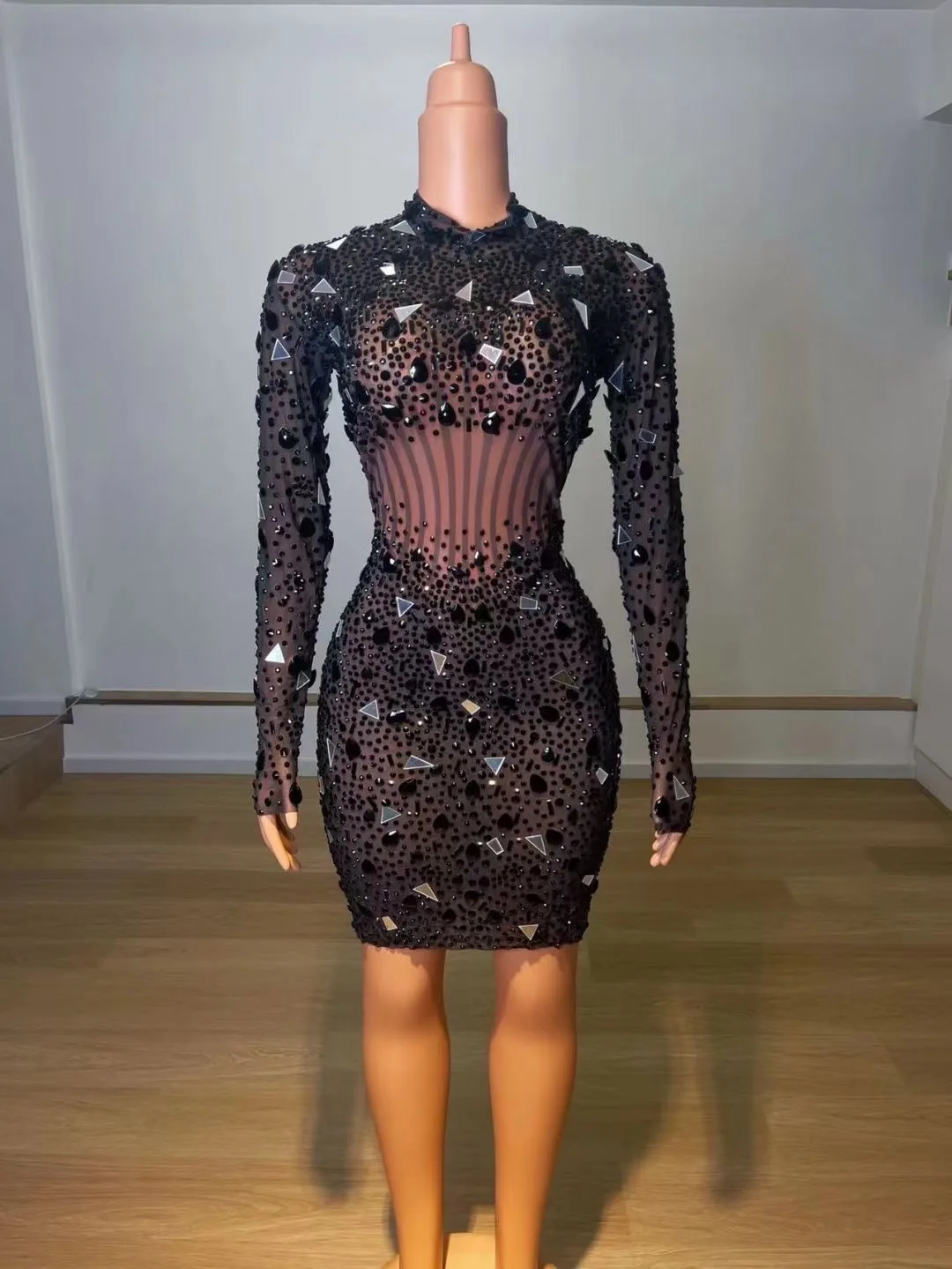 

Black Shining Mirror Sequins Rhinestones Crystal Long Sleeves Sexy Sheath Dress For Women Nightclub Party Cloth Music Wear