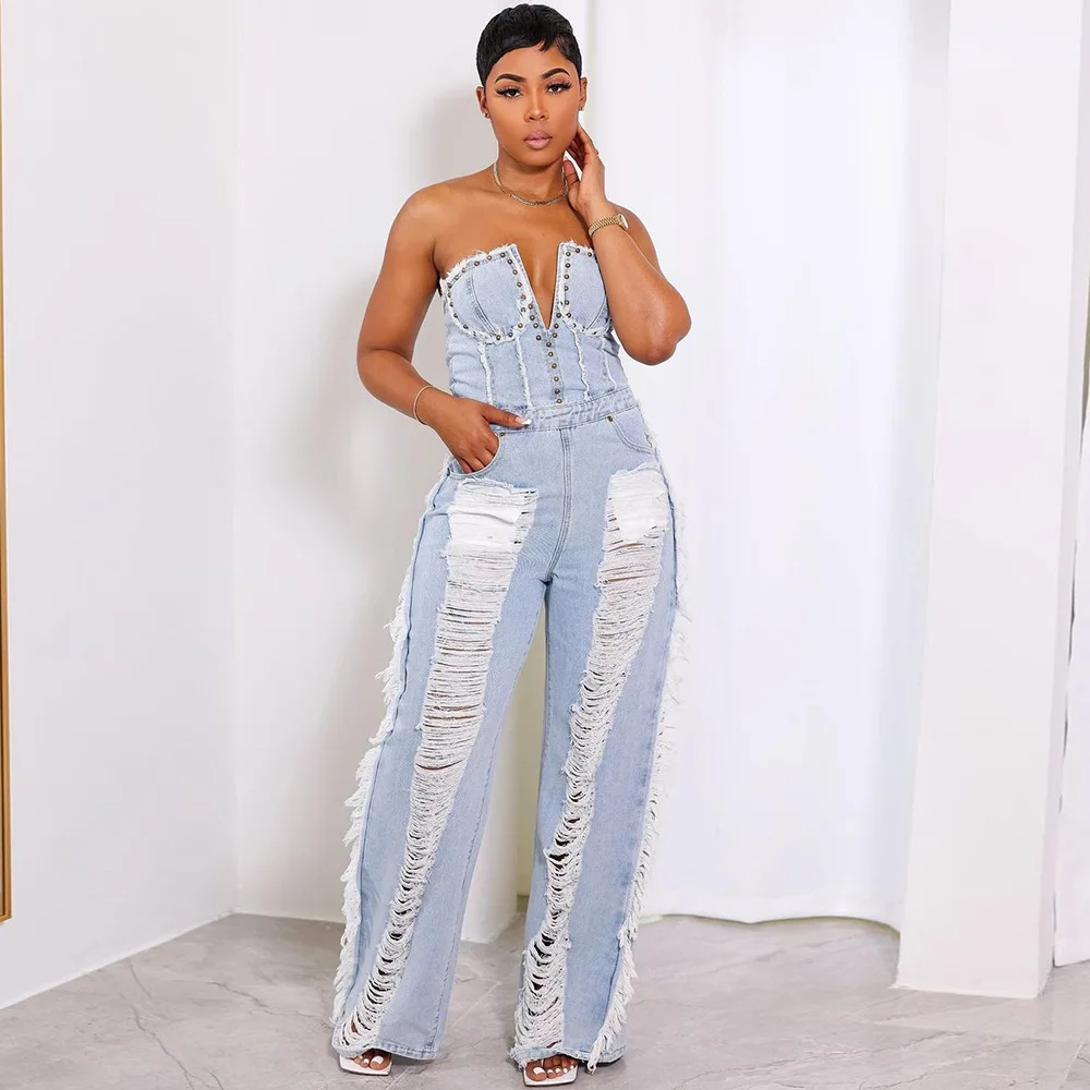 ladies blue off shoulder overall jeans fall woman flare rompers bodycon wideleg strapless one piece denim jumpsuits for women