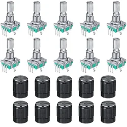 5/10Sets EC11 360 Degree Rotary Encoder Code Switch Digital Potentiometer 5 Pins Handle Length 20mm with Push Button,Knob Cap