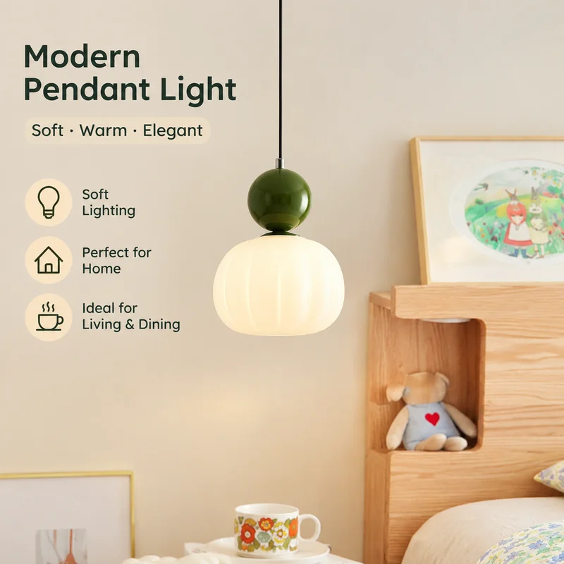 Pendant Light French Vintage Bedroom Adjustable Walnut Wood Grain Pumpkin Lamp in Hallway Entryway Retro Home Decor LED Lighting