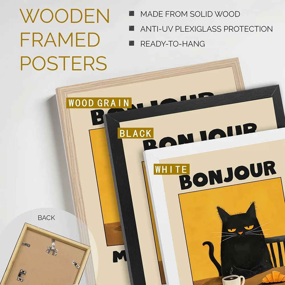 21X30 Photo Frame Plus Canvas Painting Cat BONJOUR Black White Wood Grain Can Be Hung on The Wall with Certificate Poster Decor