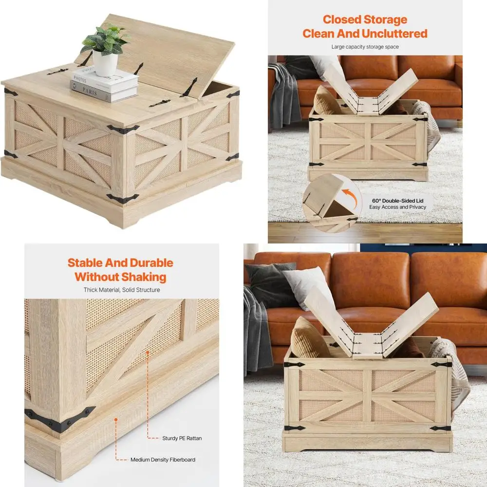 

Rectangle Rattan Woven Coffee Table with MDF Top, Modern Boho Style Storage Table, 32-Inch, PE Rattan Wood, Ideal for Living Roo