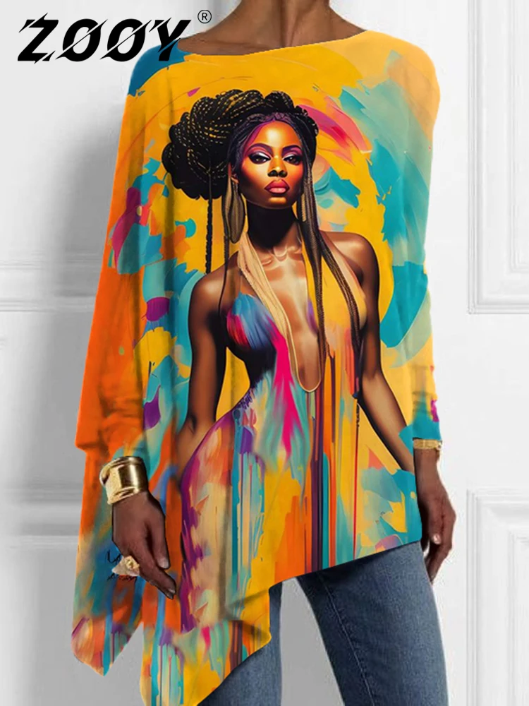 

S-3XL Long Sleeved T-Shirt Spring/Summer Fashion Loose Women Colorful Braid Brown Girl Oil Painting Irregular Design Top ZOOY