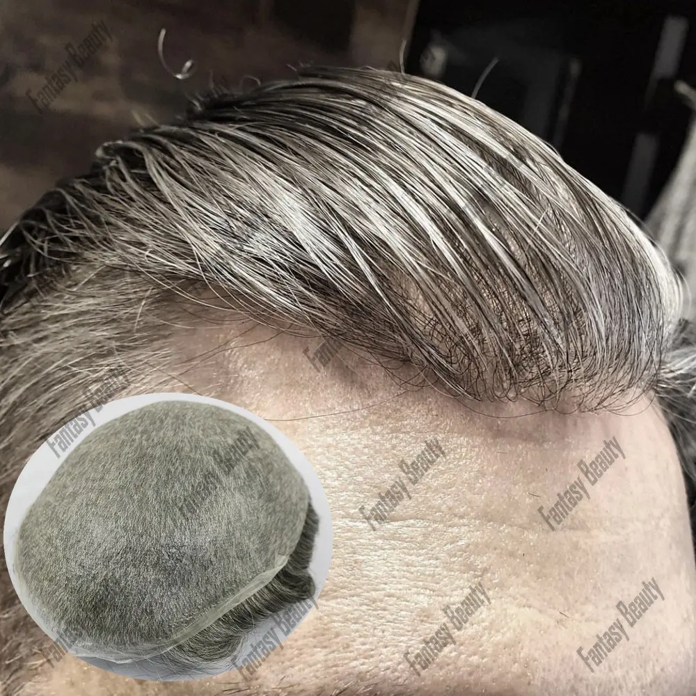 Super Utral Thin Skin 0.02mm Base Human Hair Toupee dla mężczyzn Naturalna linia włosów 80% Gęstość Czarny Szary Męska proteza kapilarna