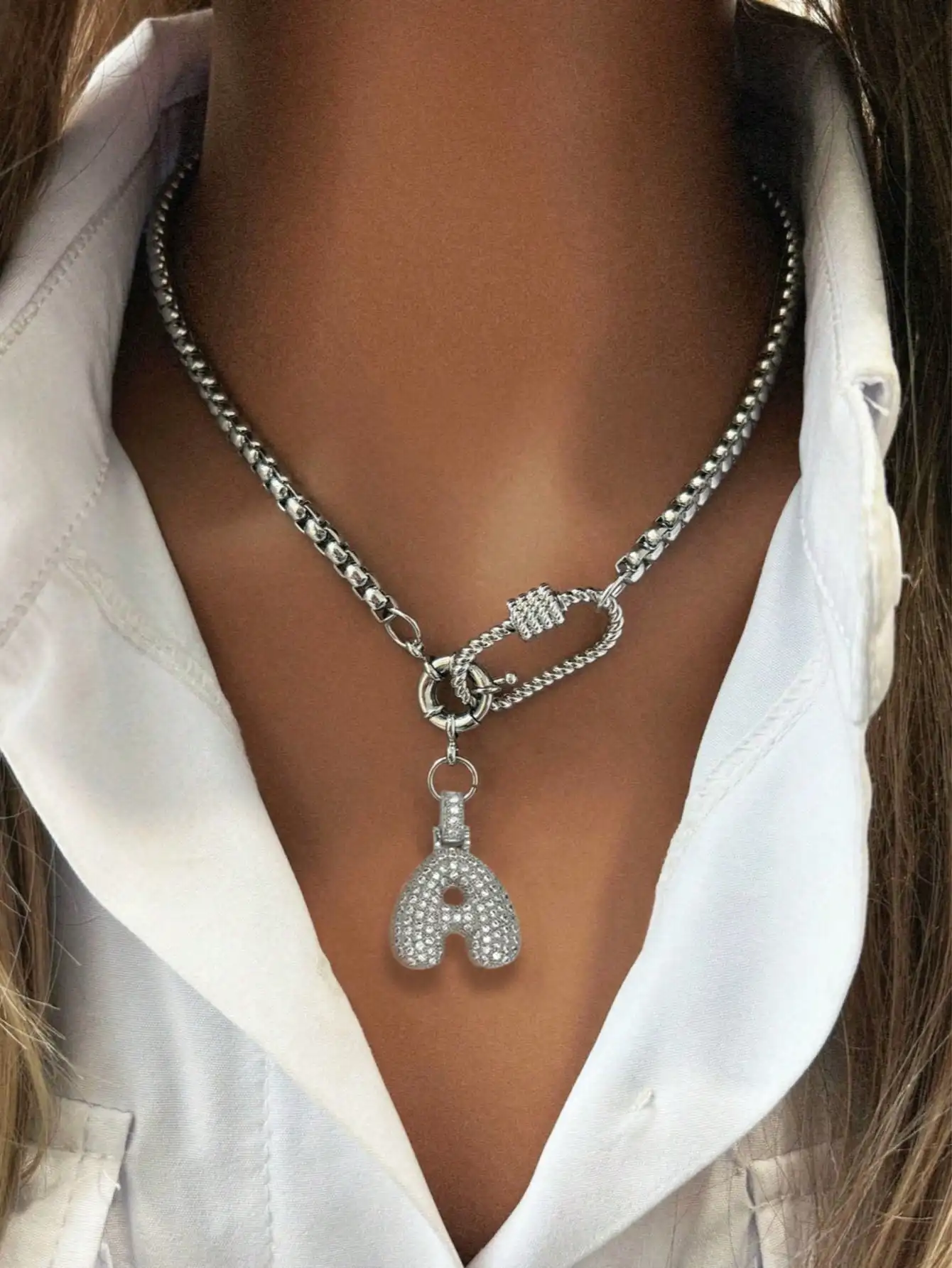 

Silver Chain Necklace with Puffy Letter Pendant and Twisted Oval Clasp