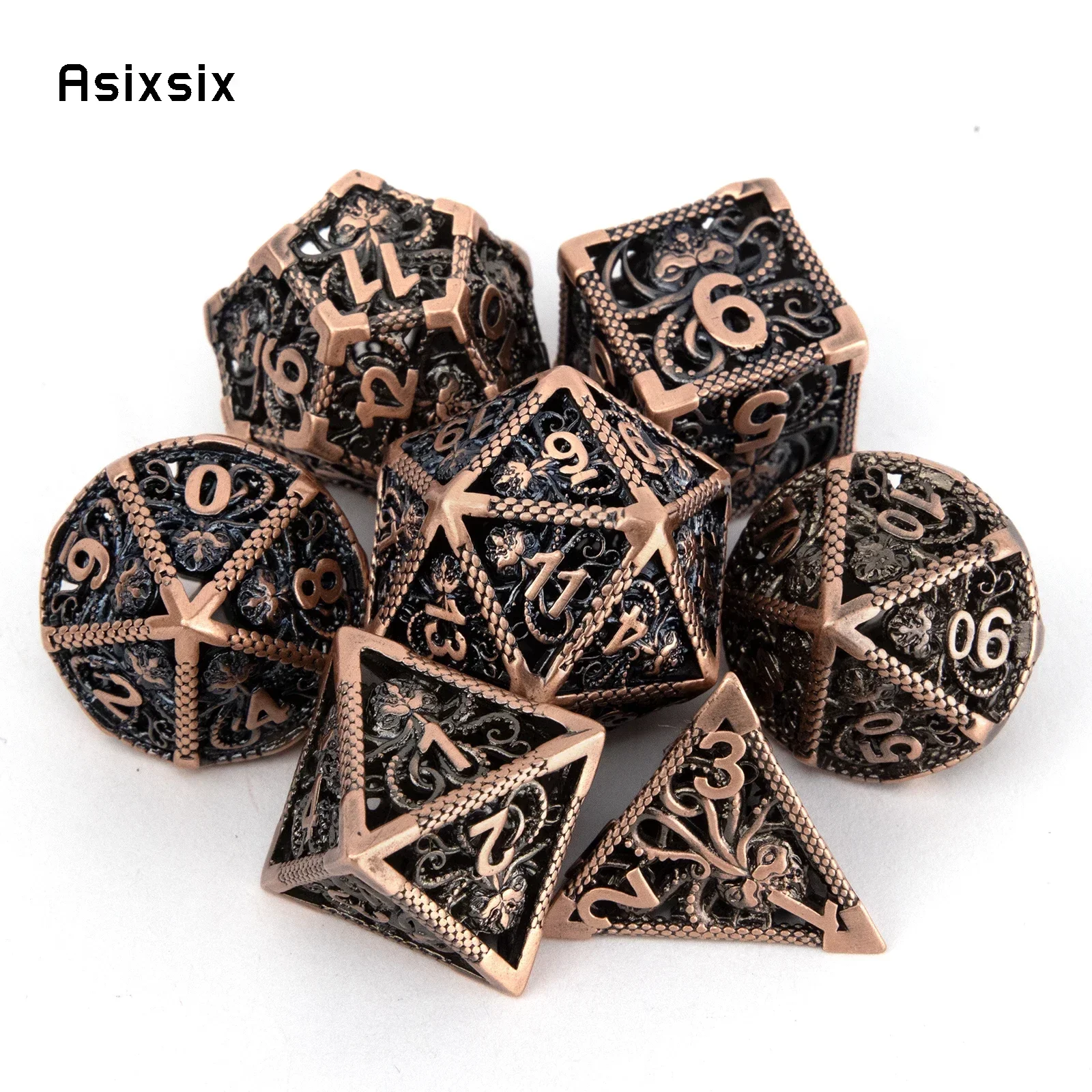 

7 Pcs Copper Squid Metal Dice Hollow Metal Polyhedral Dice Set Suitable For Role-Playing Dice PropBoard Game Gift