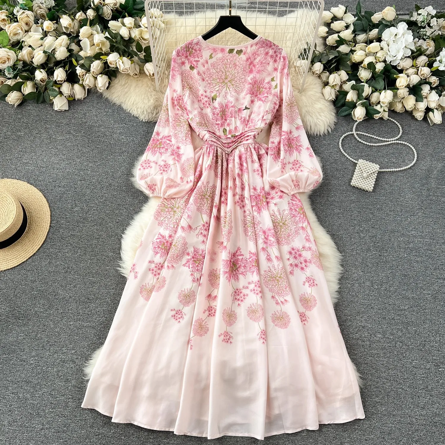 

French Gentle Style Printed Dress Women's Fresh Round Neck with High Waisted Tie Slimming and Elegant Long Dresses Streetwear