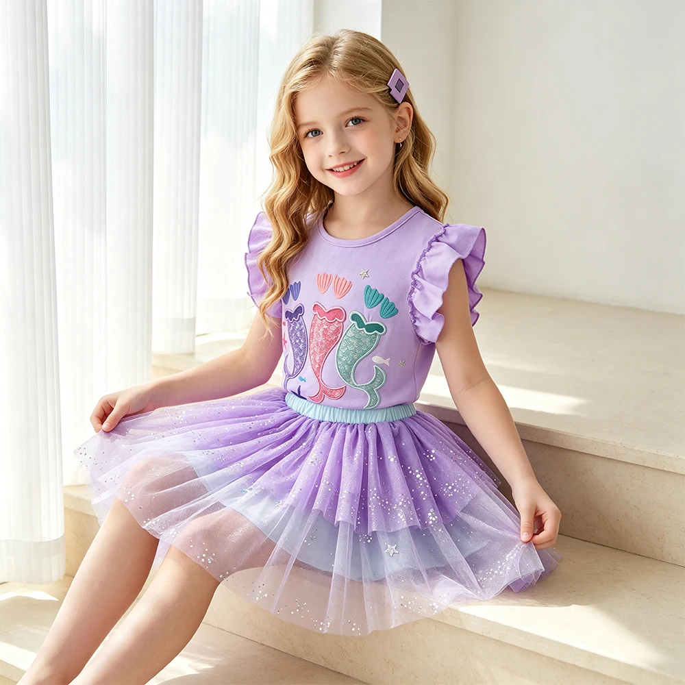 DXTON 2PCS Girls Clothing Set Ruffled Sleeveless Kids Top+Mesh Skirt Summer Cotton Children Suits Vacation Girls Outdoor Outfits