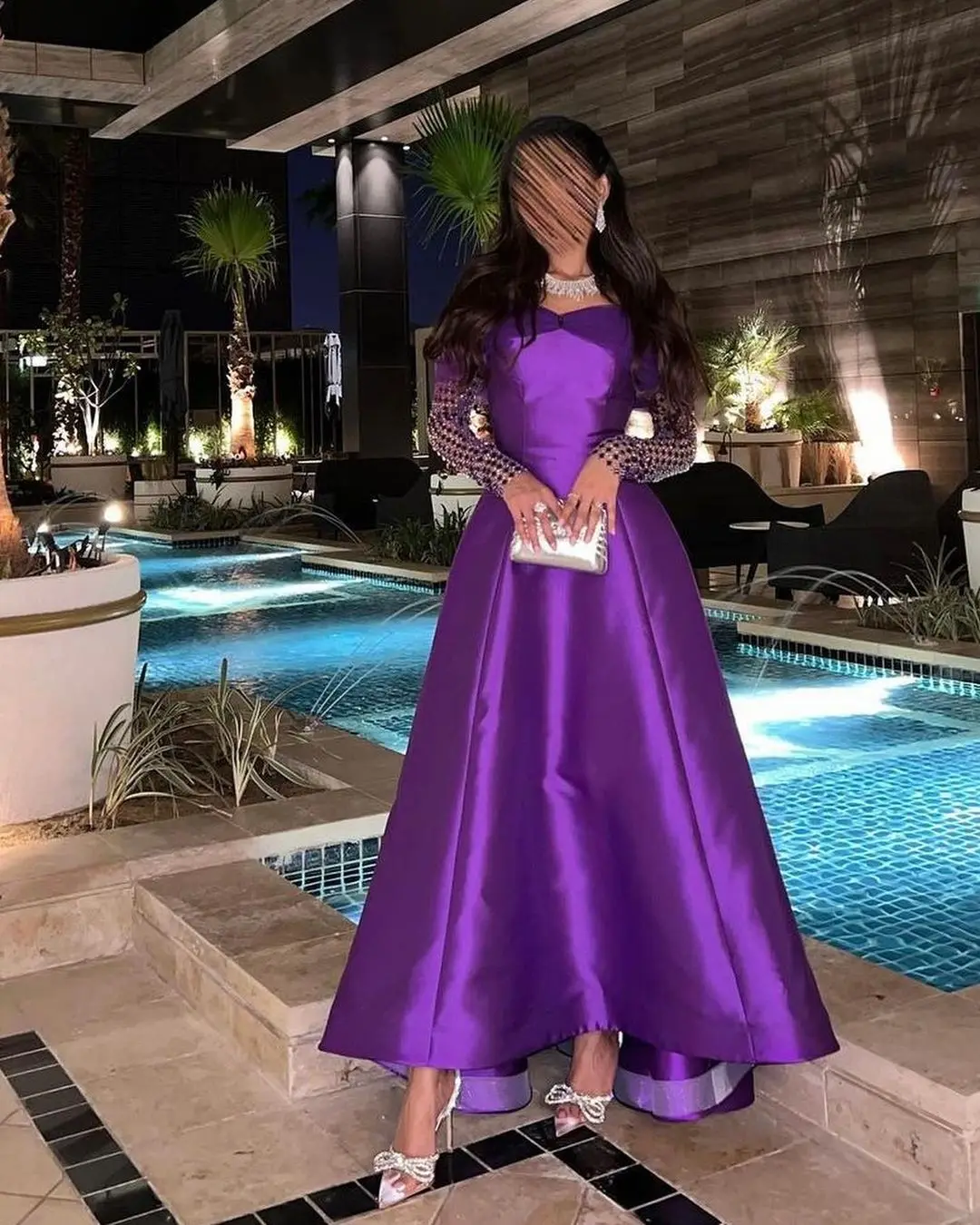 

Vintage Purple Satin Long Sleeves Prom Dresses Beadings Backless Evening Dresses Ankle Length Formal Party Dresses