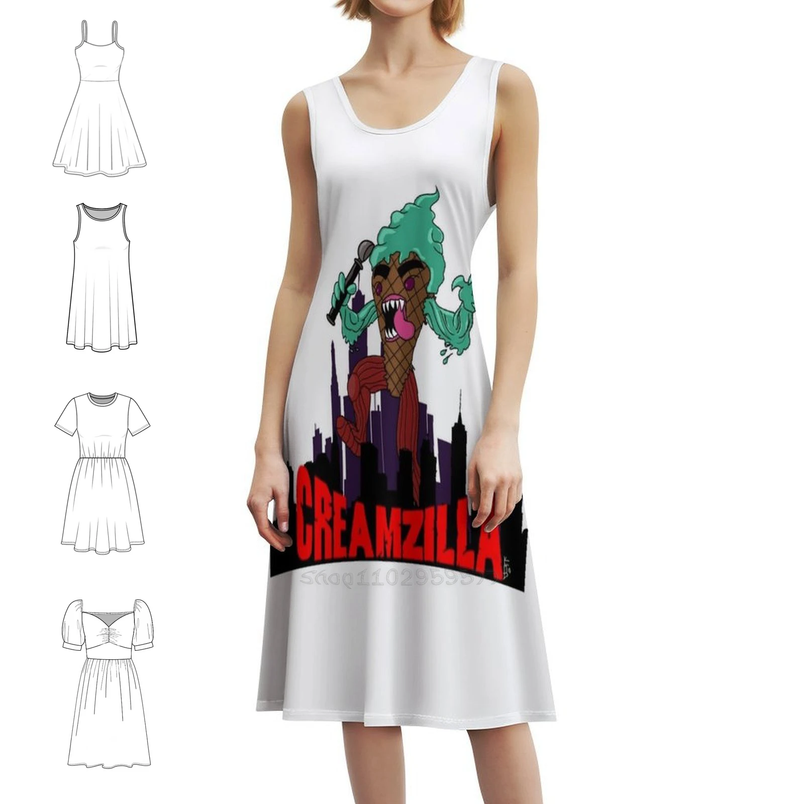 

Богемное платье без рукавов с несколькими принтами, пляжное праздничное платье для отдыха, женское платье с мороженым Kaiju Giant Monster