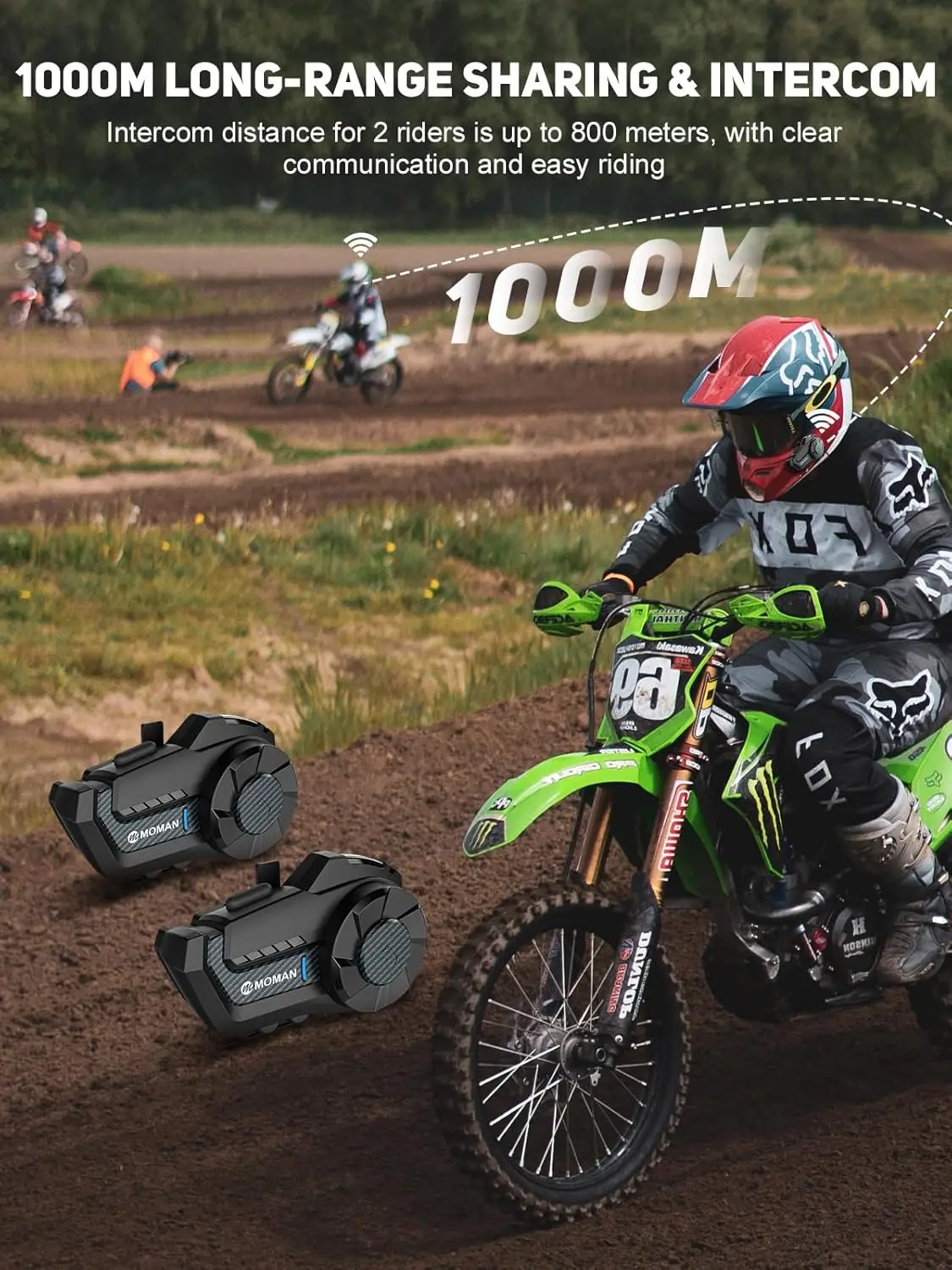 Moman H2Pro Motorbike Helmet Motorcycle Intercom Communication System up to 1000M with DSP&CVC Noise Cancellation FM Music Share