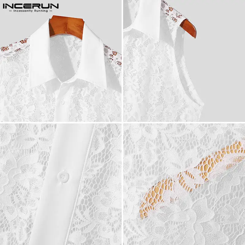 INCERUN Tops 2024 Korean Style Fashion Men\'s Perspective Lace Floral Design Shirt Sexy Summer Thin Sleeveless Lapel Blouse S-5XL