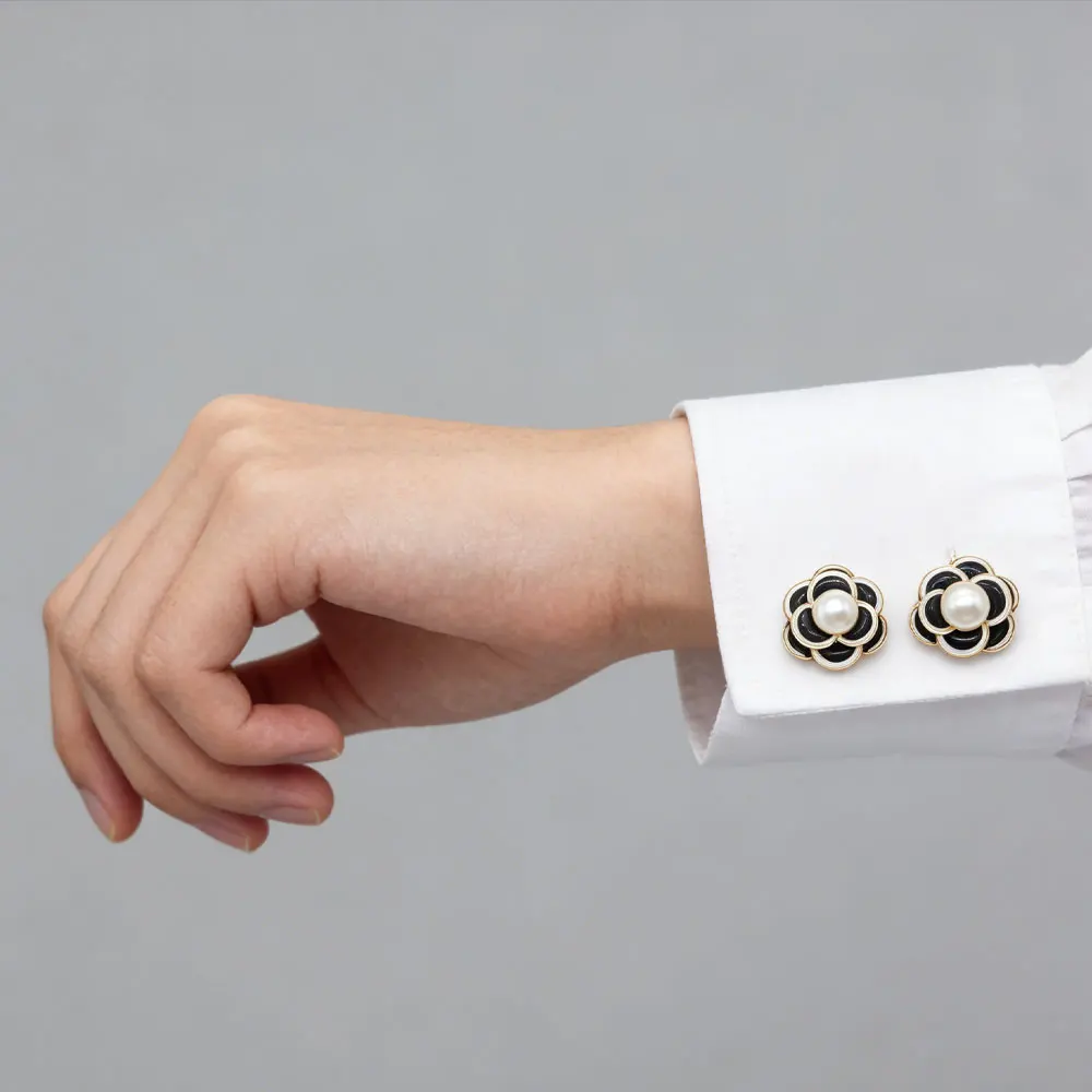 

10PCS Dual-Color Pearl Camellia Decorative Buttons Gold-Plated Alloy 3D Flower Clothing Accessories for Shirt Cuff Blazer Dress