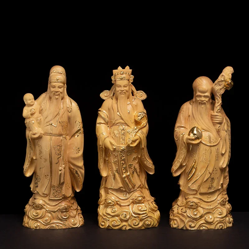 Handmade Wooden Buddha Statue Set, 18K Gold, Fu Lu Shou