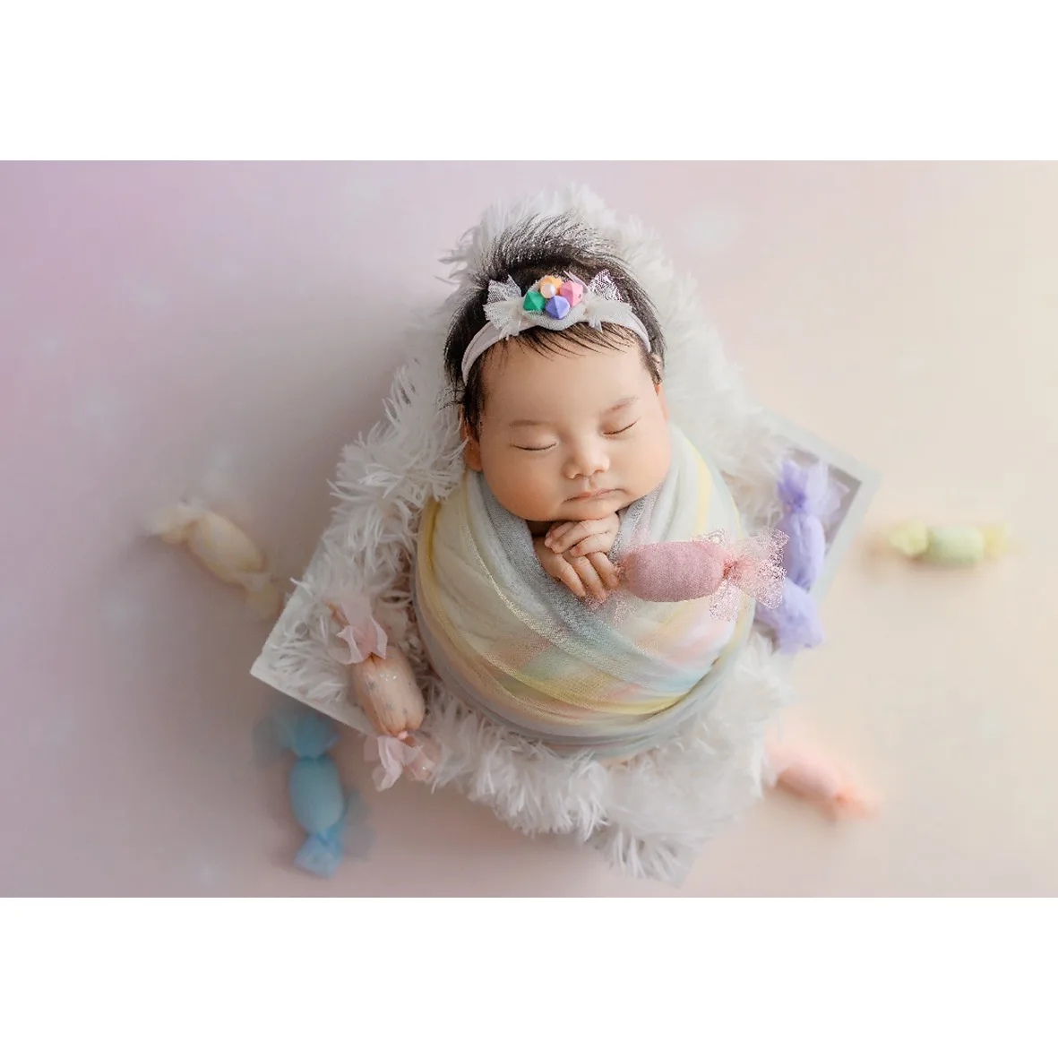 Newborn Photography Props Colorful Sugar Theme Backdrop Posing Props Filling Mat Rainbow Wrap Set for Baby Studio Photo Shoot