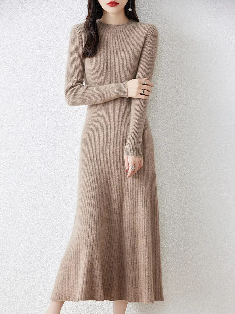 

Women Knitted Dress 100% Wool Sweater Dress Autumn Winter Slim Knit Maxi Long Sweater Dress Lady Pullover Dresses Solid Jumpers