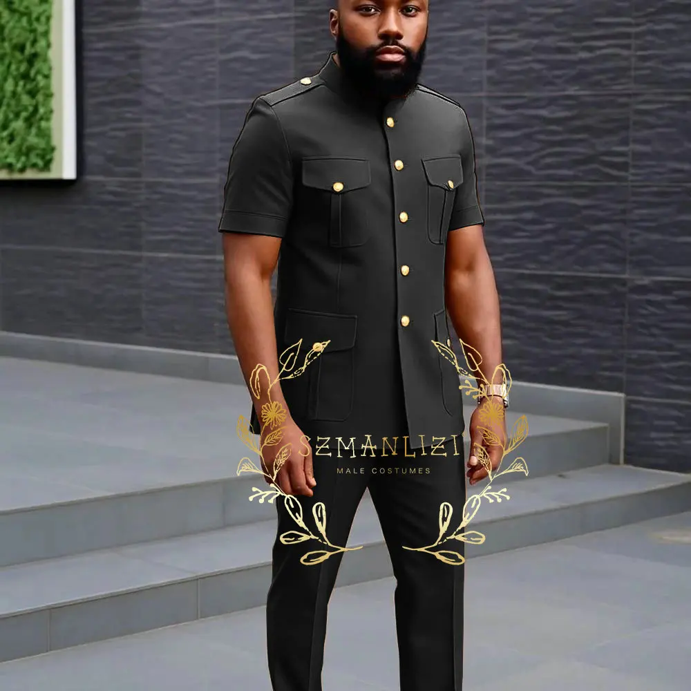 High Quality Men's Suits Short Sleeve Single Breasted Stand Lapel Slim Fit 2 Piece Jacket Pants Outfits Costume Homme Terno