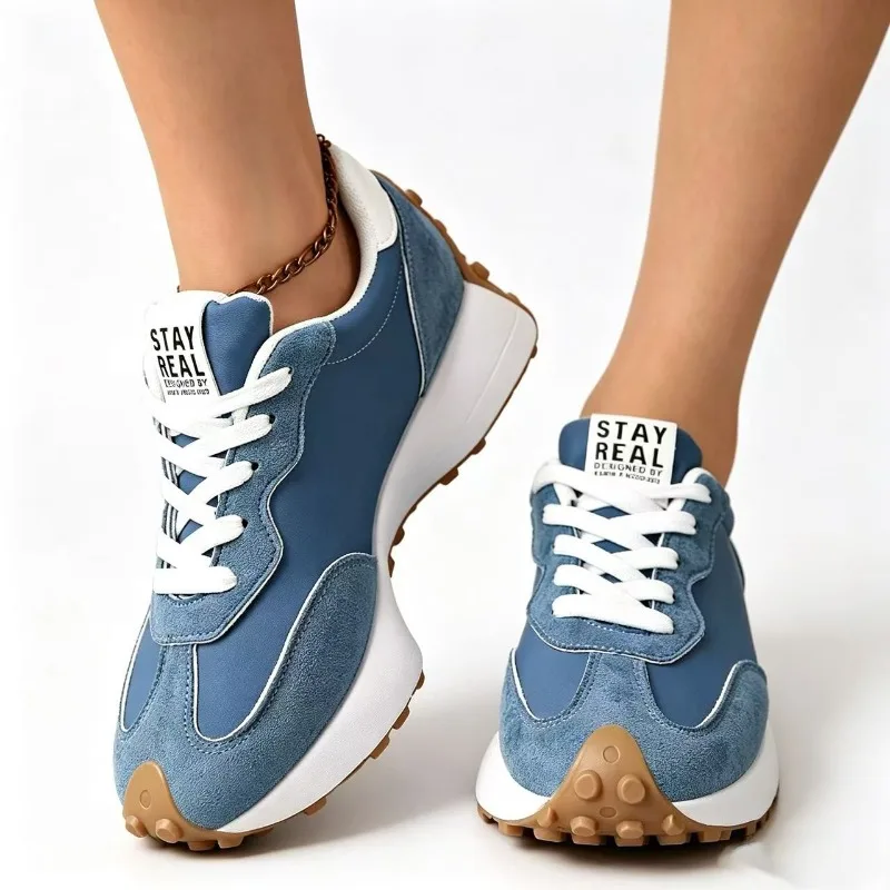 Spring and Autumn Women's Color Blocking Vintage Comfortable Mid Heel Sneakers Women Anti Slip Shallow Mouth Vulcanized Shoes