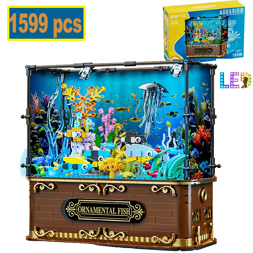 

1599+pcs MOC Fishbowl Aquarium With LED Light Building Blocks Jellyfish Fish Tank Bricks City Construction Toys for Kids Gifts