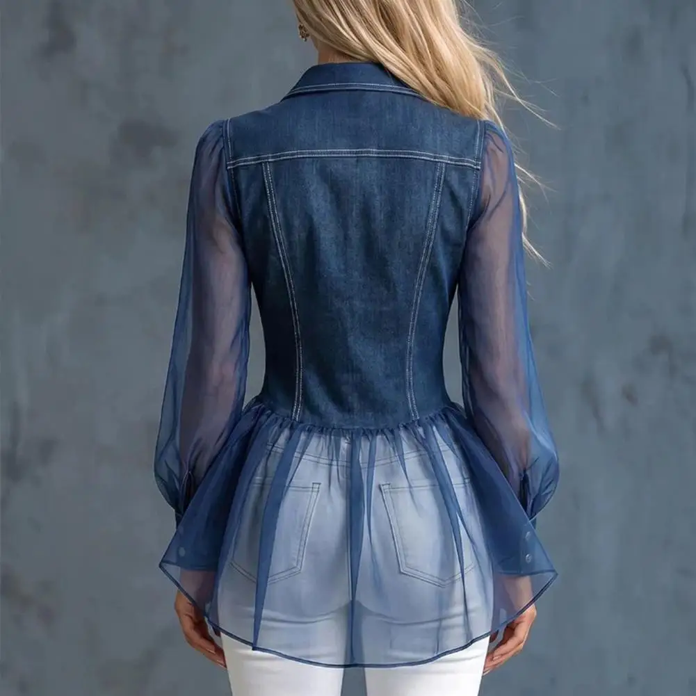 Blue Denim And Mesh Sheer Long Sleeve Blouse Button Down Collared Shirt With Pockets Slim Fit Casual See-Through Top For Women