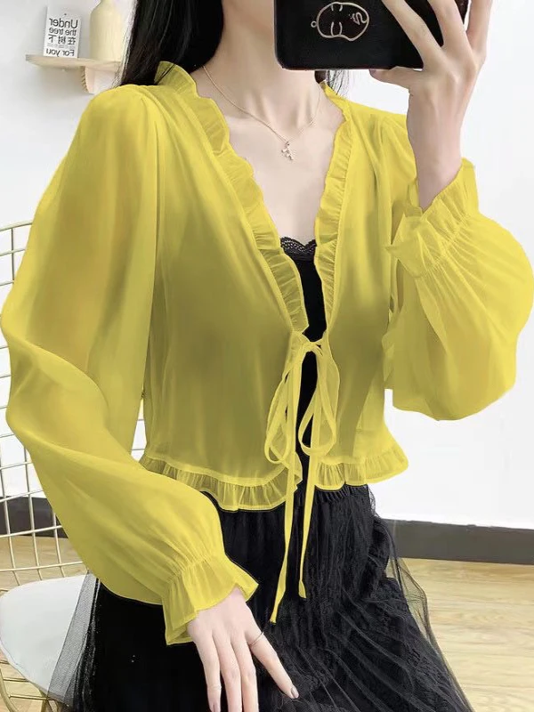 Summer Thin Shawl Outerwear Women's Fairy Long Sleeve Blouse Cover up Chiffon Top with Strap Short Coat Casual Loose Fit