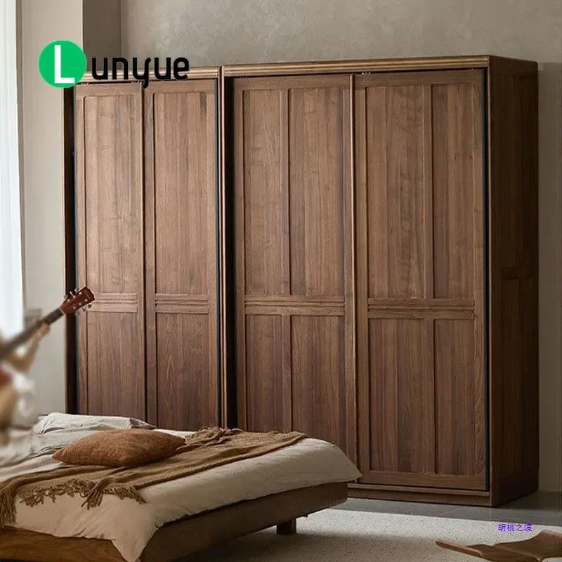 North American Black Walnut Solid Wood Wardrobe Nordic Style Sliding Door Hanging Storage Closet for Home Bedroom Furniture