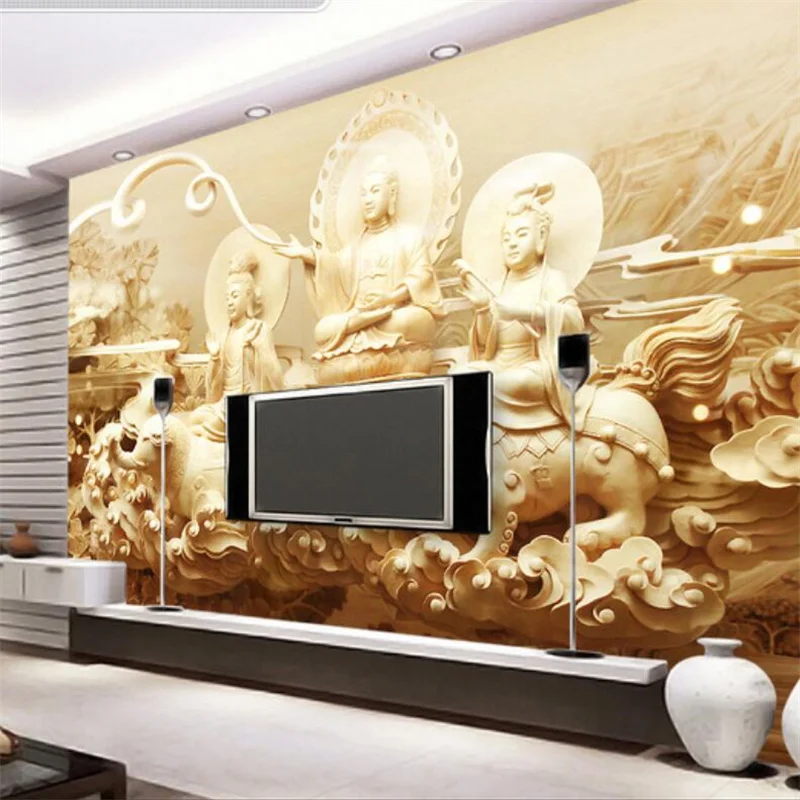 Custom wallpaper high-end luxury villa 3D European background wall living room Buddha statue wood carving mural Papel de parede