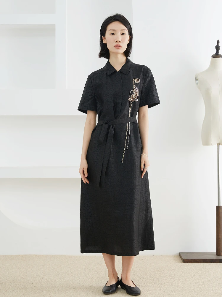 Heavy Industry Nail Bead 100% Natural Mulberry Silk Gambiered Guangdong Gauze Lapel Short Sleeved Women's Fashionable Dress