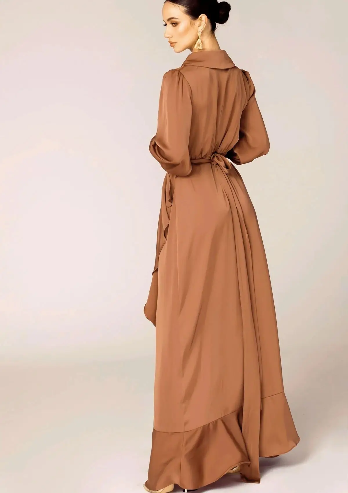 Solid Flounce Long Sleeve Belted Wrap Dress Muslim Ruffle Satin Abayas Dress For Women Eid Robe IsIamic Clothing Vestidos Kaftan