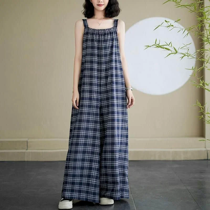 

Plaid Jumpsuits Women Casual One Piece Outfit Women Loose Korean Style Straight Pants Vintage Sleeveless Romper Women Clothes