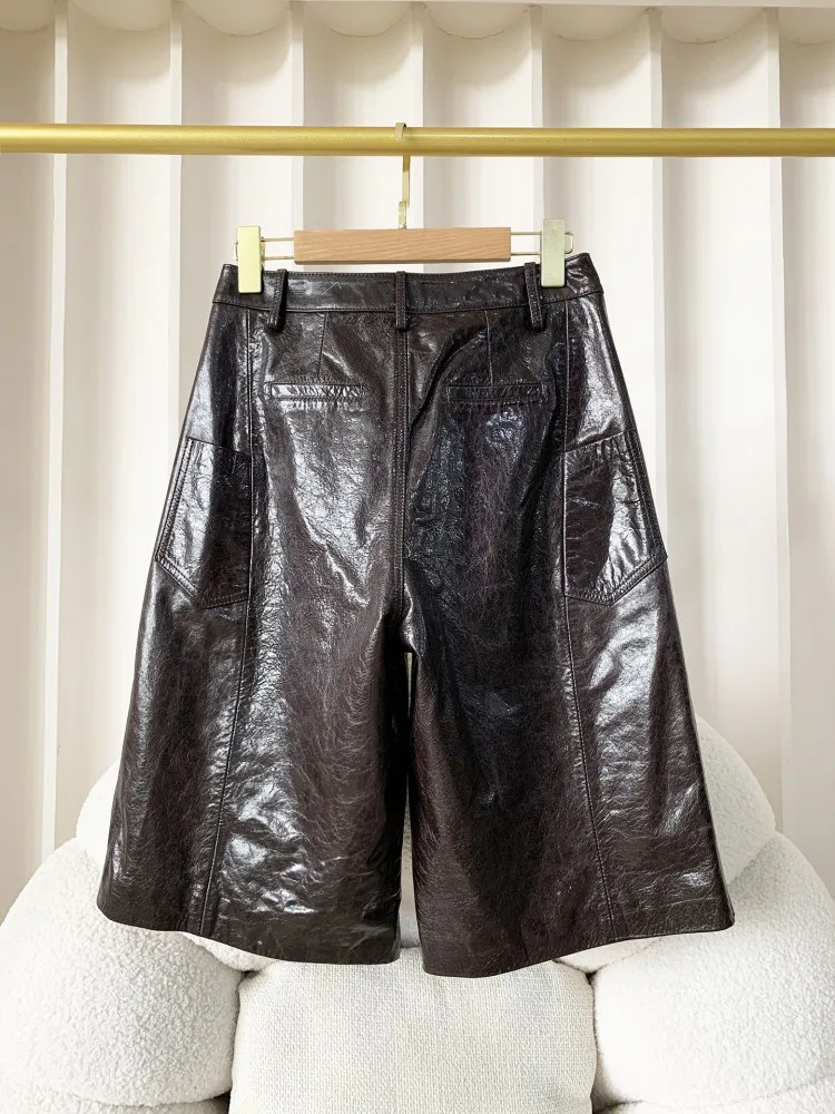 Vintage Oil Wax Natural Genuine Leather Shorts Women Button Fly Knee Length Straight Trousers Harajuku Solid Color Casual Shorts