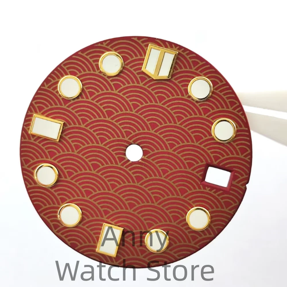 28.5mm Fish Scale Pattern Watch Dial Red black Dial Green Luminous For NH34 NH35 Movement 3 o'clock and 3.8 crown Watch Parts