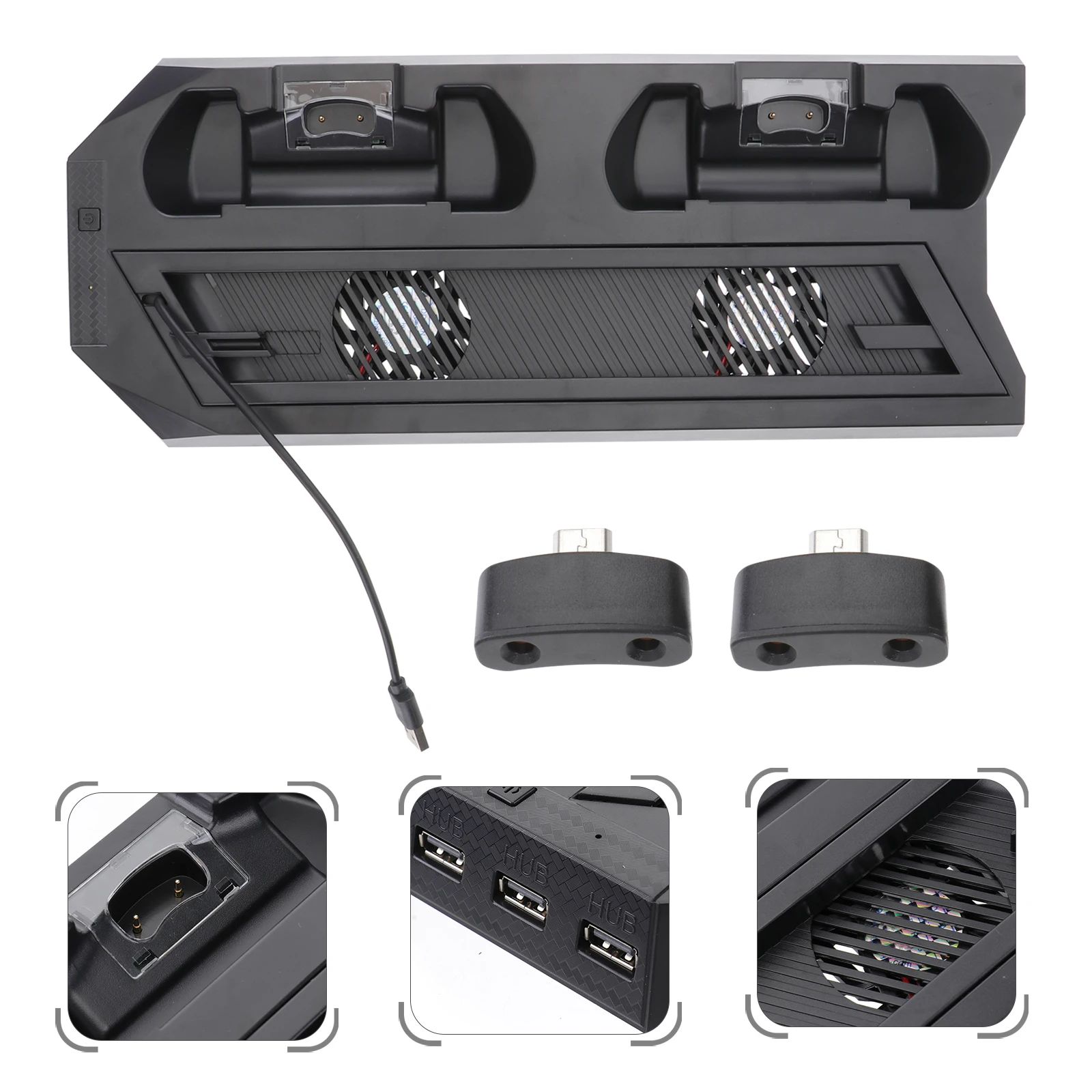 

Vertical Stand Cooling Fan Dual Controller USB Hub Black Space Saving All-in-One Accessory