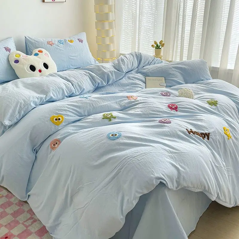 A-class high-value little monster towel embroidered washed cotton four piece set ins style student dormitory bed sheet duvet set