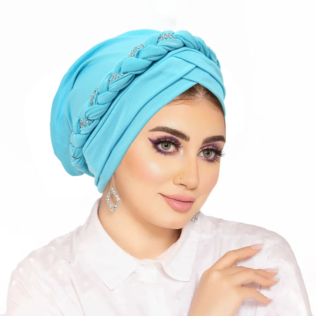

Indian Braids Turban Diamonds Hat Women Chemo Cap Muslim Hijab Headscarf Bonnet Forehead Cross Hair Loss Headwear Turbante Mujer