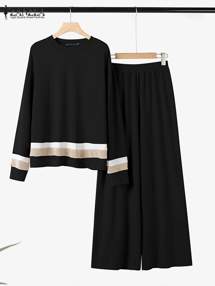 

ZANZEA Women Wide Leg Pant Pant Sets Knitted Elegant Casual Loose Color-Blocked Sweatshirt 2-Piece Sets 2025 Spring 2pcs Outfits