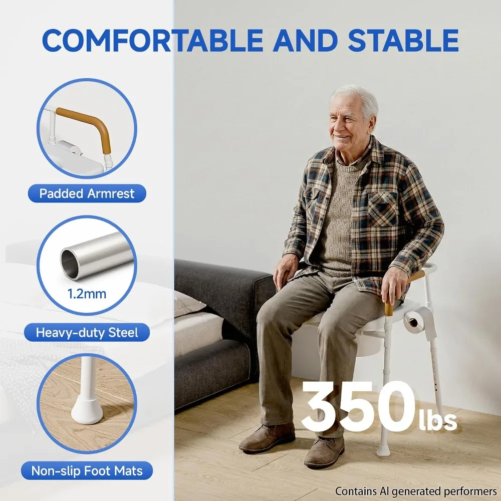 Bedside Commode with Padded Seat, Portable Toilet for Adults & Seniors, Height Adjustable, 350 lbs Capacity, Removable Bucket