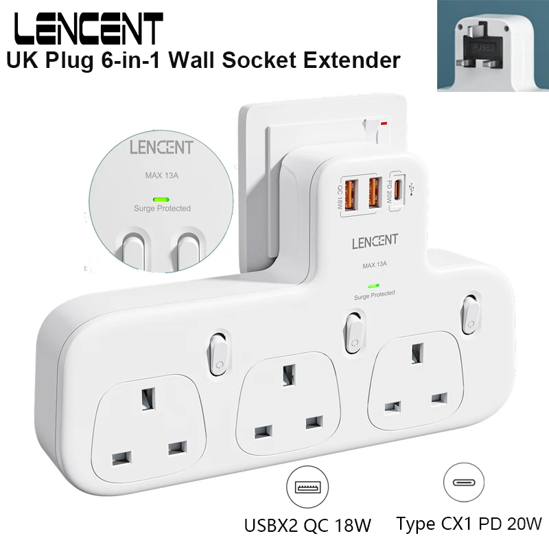 LENCENT UK Plug Wall Socket Extender with 3AC Outlets +PD 20W USB-C+2 USB-A QC 3.0 Surge Protected  Adapter with Switch for Home