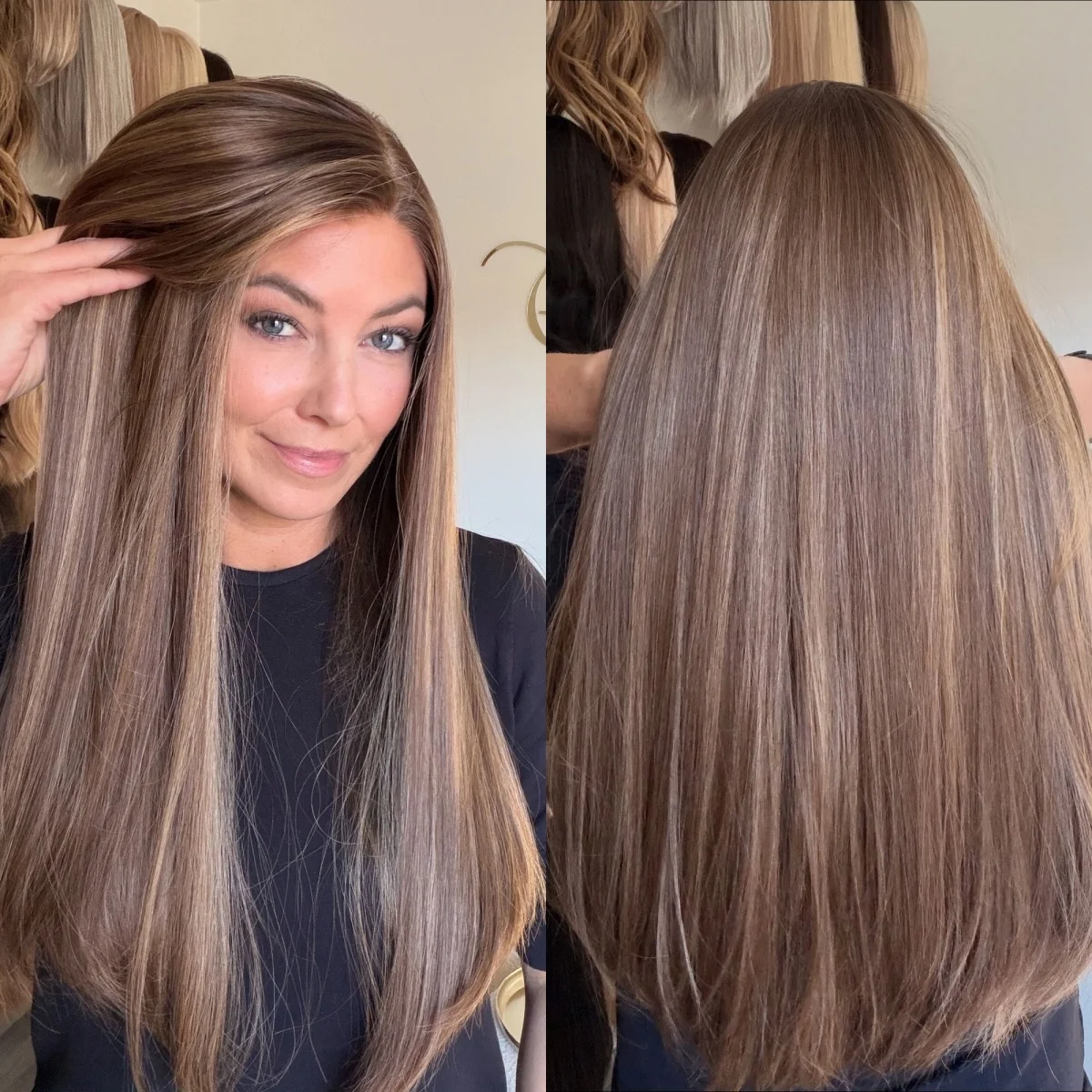 22 Inch Women's Wig 13x4 Free Part Brown Highlights Synthetic Lace Front Wig Natural Straight Daily Wig 180%Density Glueless Wig