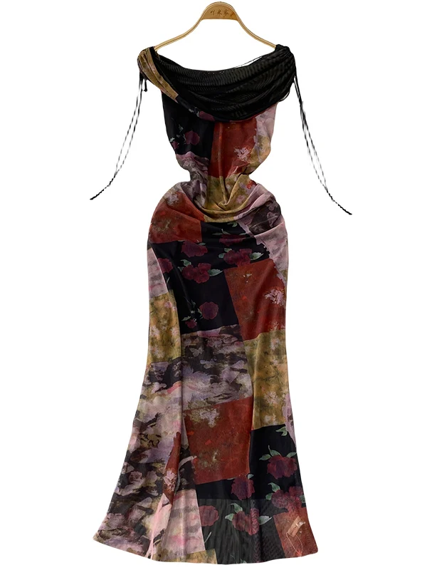 Feminino vintage impresso cowl pescoço malha sereia bodycon maxi vestido sem mangas rendas fino ajuste formal vestido de festa robe y2k verão