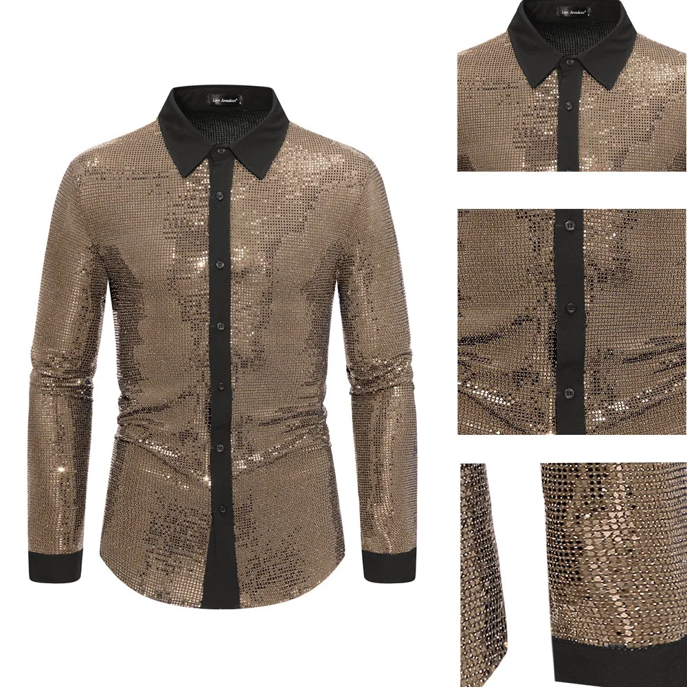 

Disco Shirt for Men 70s Vintage Sparkling Color Block Long Sleeve Shirt Spring Casual Party Clubwear, Funky Gatsby Style Blouse