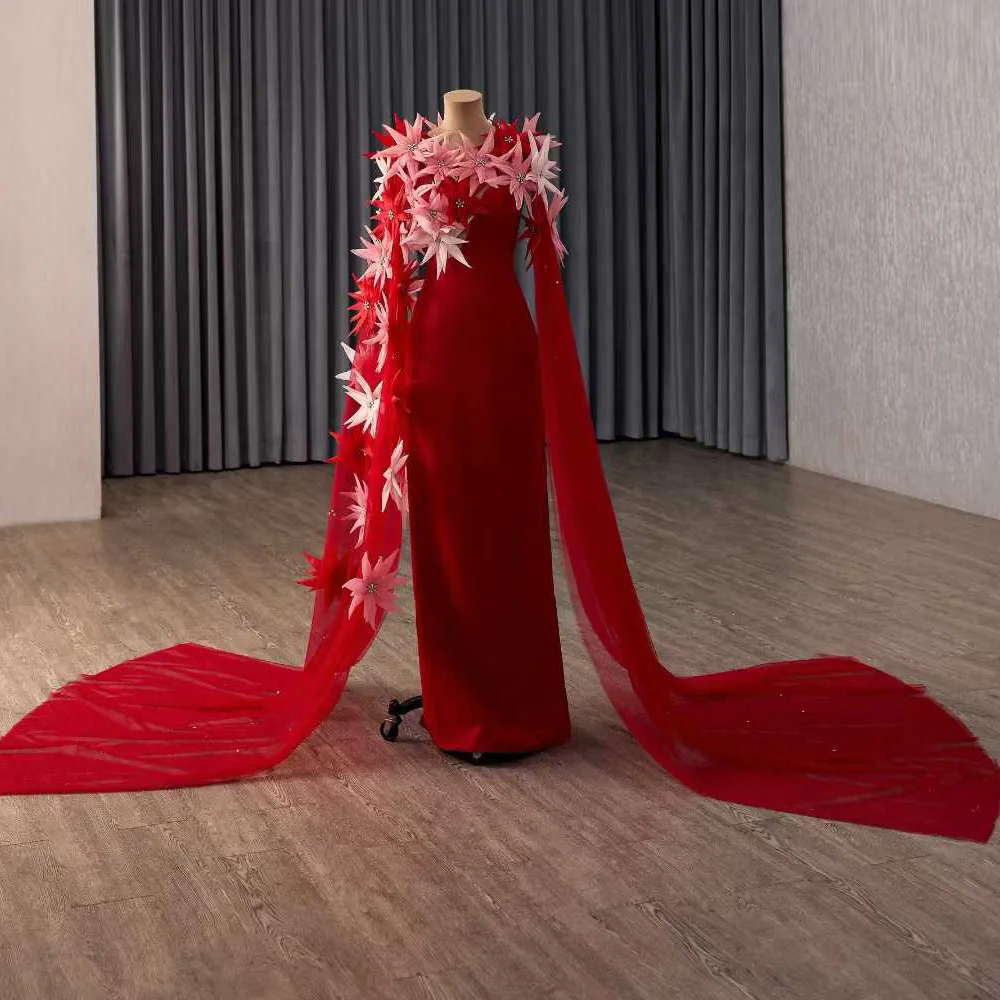 Red O-Neck Zipper Evening Dress With Crystal 3D Flower Detail Customizable Fit Sheath Elegant Women's Party Gown