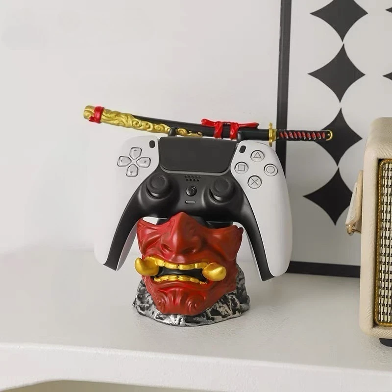 Samurai Oni Mask Controller Holder Red Hannya Gamepad Stand for PS5 Xbox Gaming Room Decor Collectible Ornament