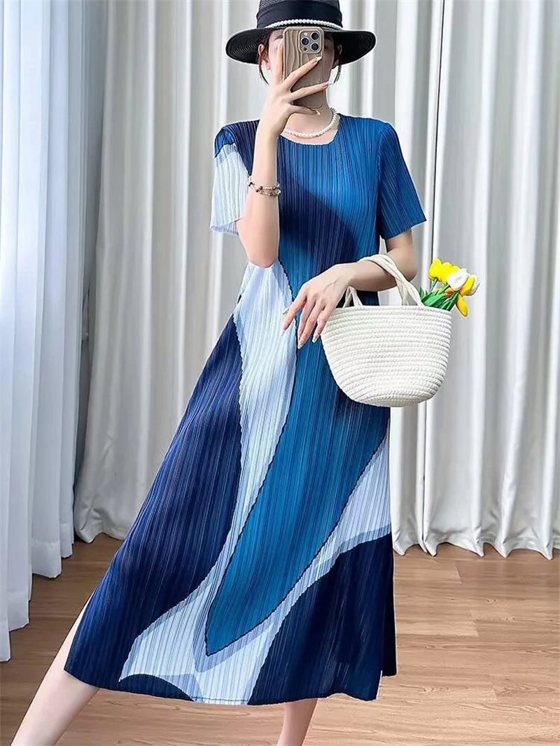 

Evening Dresses Womens Dresses Summer Round Neck Color Matching Temperament Comfortable Dress Loose Design Pleated Loose Dress