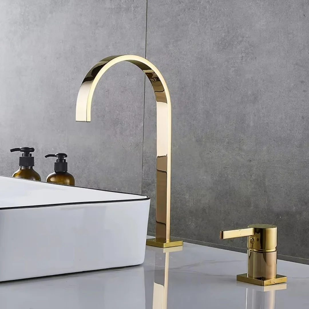

Brass Rose Gold Bathroom Faucet Two-Hole Widepread Basin Faucet Brushed Gold Widepread Rotating Sink Faucet Grey Water Faucet