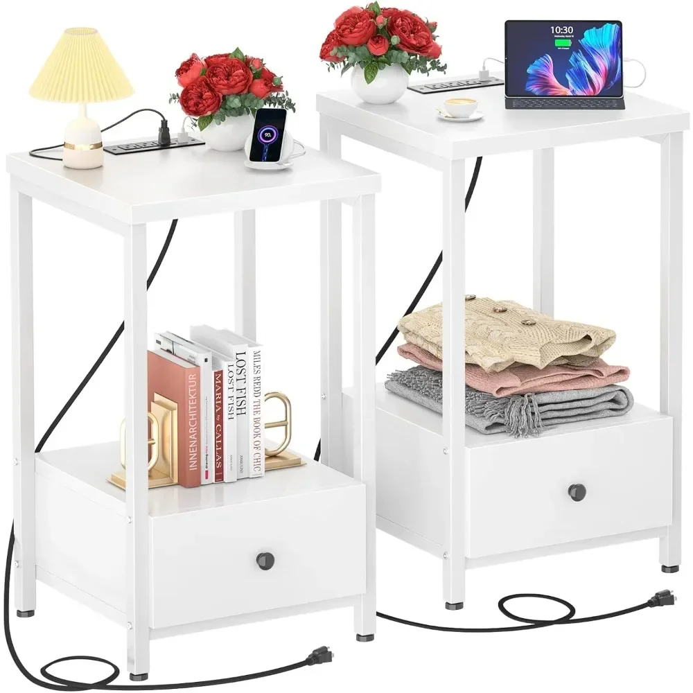 

White Nightstands Set of 2 with Charging Station - Modern Night Stand Bedside Table with Storage Drawer and Shelf, EndSide Table