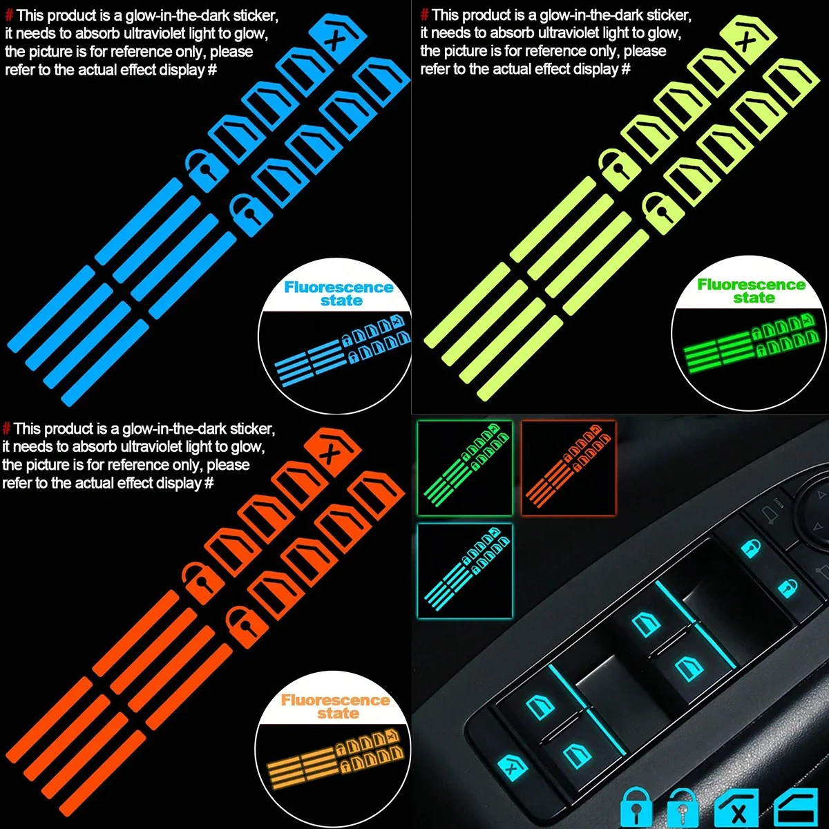 18 pegatinas luminosas para botones de control de ventanillas de coche, calcomanías duraderas impermeables que brillan en la oscuridad para el interior del automóvil